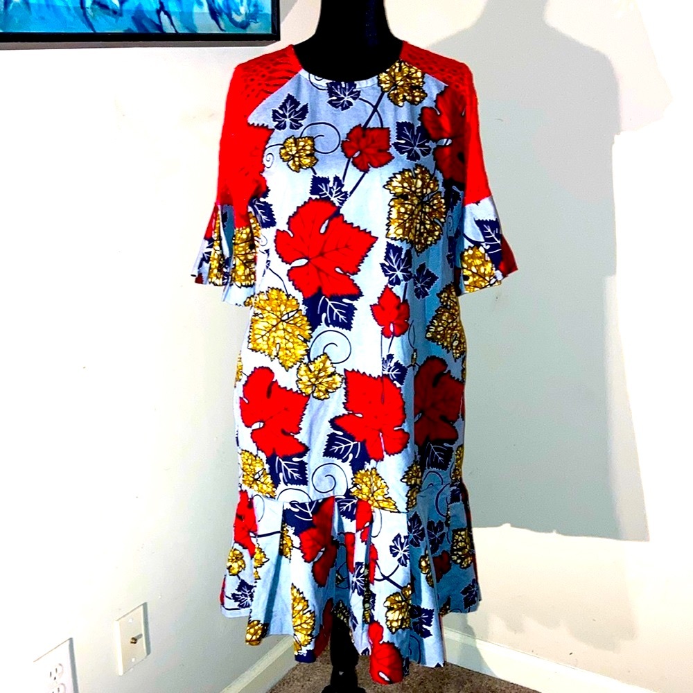 Original African | Women’s Floral MIDI Dress w/Laced Sleeves - Size Medium